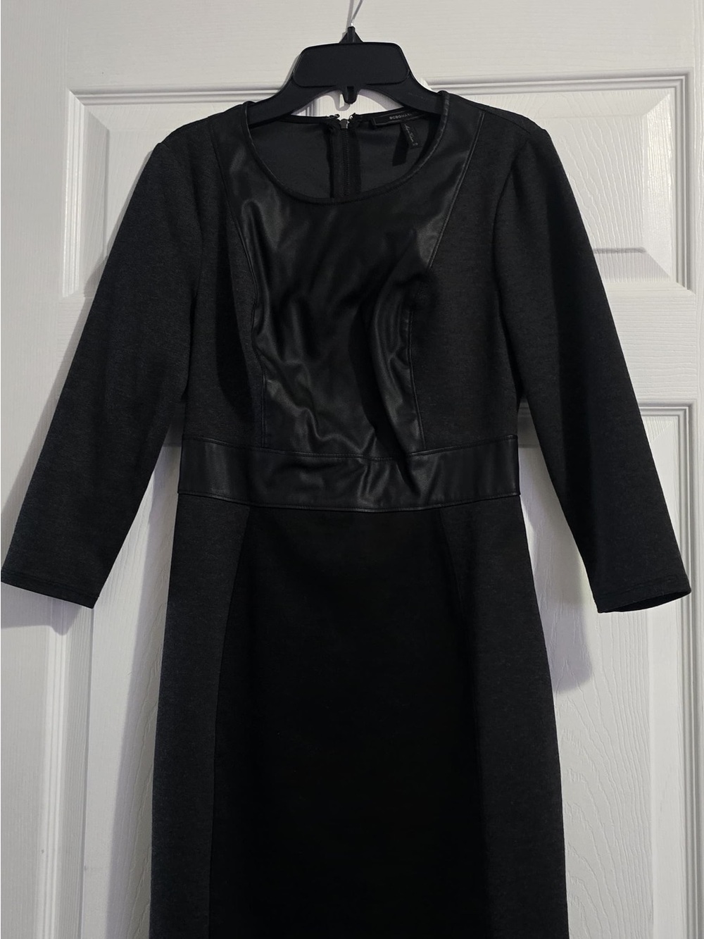 BCBGMaxAzria Black Faux-Leather Panel Long Sleeve Sheath Dress